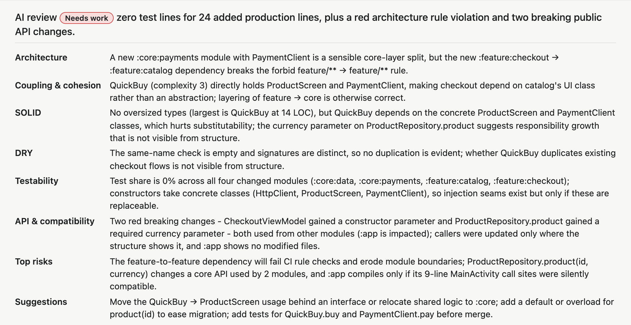 AI review of the demo change: verdict Needs work, then one line each on architecture, coupling, SOLID, DRY, testability, API, risks and suggestions
